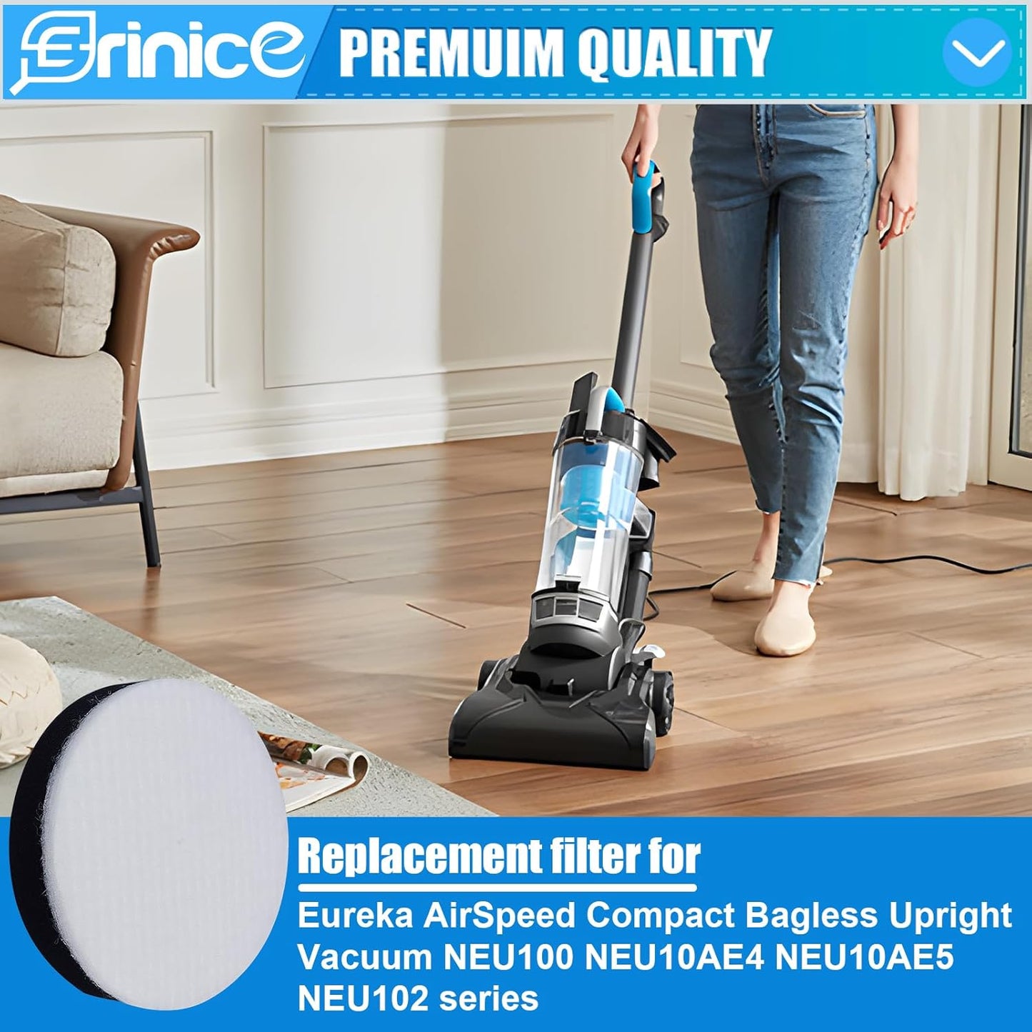 NEU100 Replacement Filter Compatible with Eureka Airspeed Compact Bagless Upright Vacuum NEU100 NEU10AE4 NEU10AE5 NEU102 Series Washable Foam Filters, Compare to Part # E0106, 6 Pack