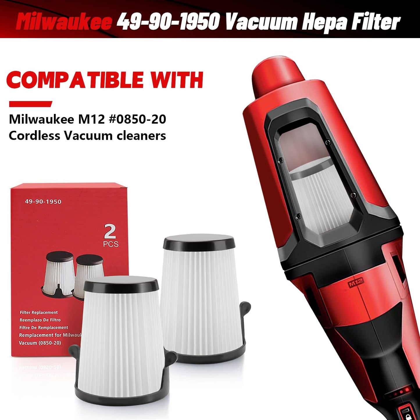 Replacement for Milwaukee 49-90-1950 HEPA Filter M12 0850-20 Compact VAC (2 pack)