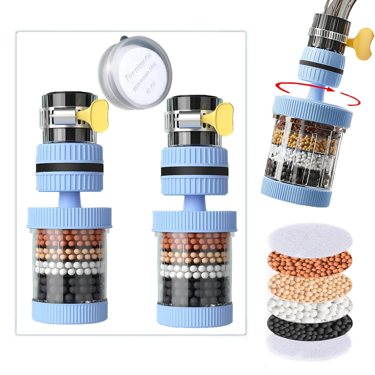 VEZE Water Filter Visible Filtering Effect 6-fold Filtration, 360° Rotating Faucet Water Filter.Kitchen Bathroom Universal Swivel Sink Filter. Detachable for Cleaning and Reuse. (White)