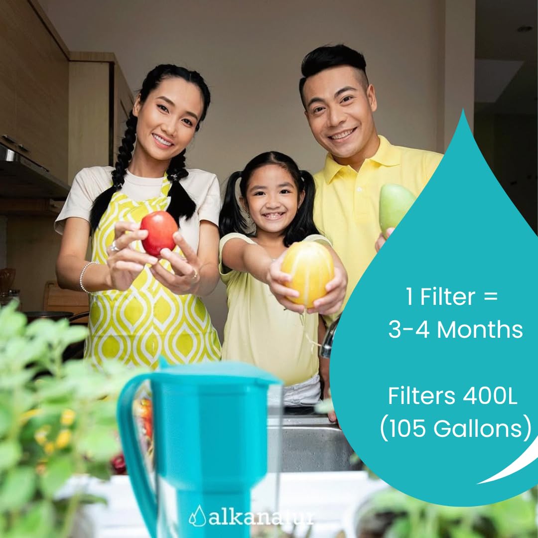 Alkanatur Alkaline Hydrogen Water Filter Pitcher - Removes Fluoride, Chlorine, Microplastics, PFAs, Lead - Activated Coconut Charcoal Carbon Filter - Water Ionizer, pH of 9.5, Adds Magnesium
