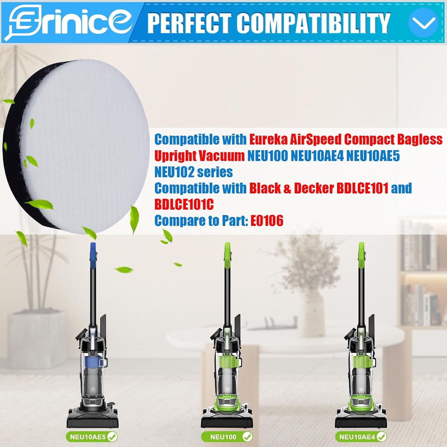 NEU100 Replacement Filter Compatible with Eureka Airspeed Compact Bagless Upright Vacuum NEU100 NEU10AE4 NEU10AE5 NEU102 Series Washable Foam Filters, Compare to Part # E0106, 6 Pack