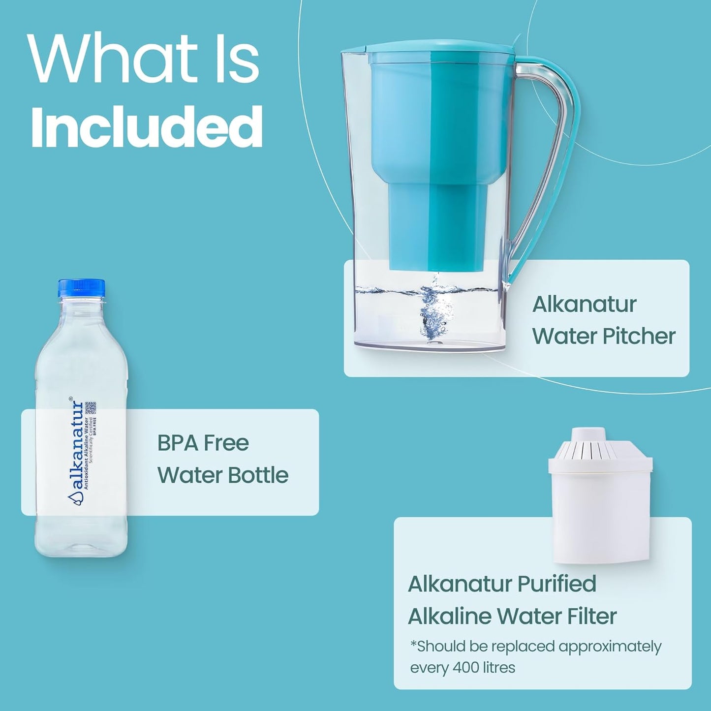 Alkanatur Alkaline Hydrogen Water Filter Pitcher - Removes Fluoride, Chlorine, Microplastics, PFAs, Lead - Activated Coconut Charcoal Carbon Filter - Water Ionizer, pH of 9.5, Adds Magnesium