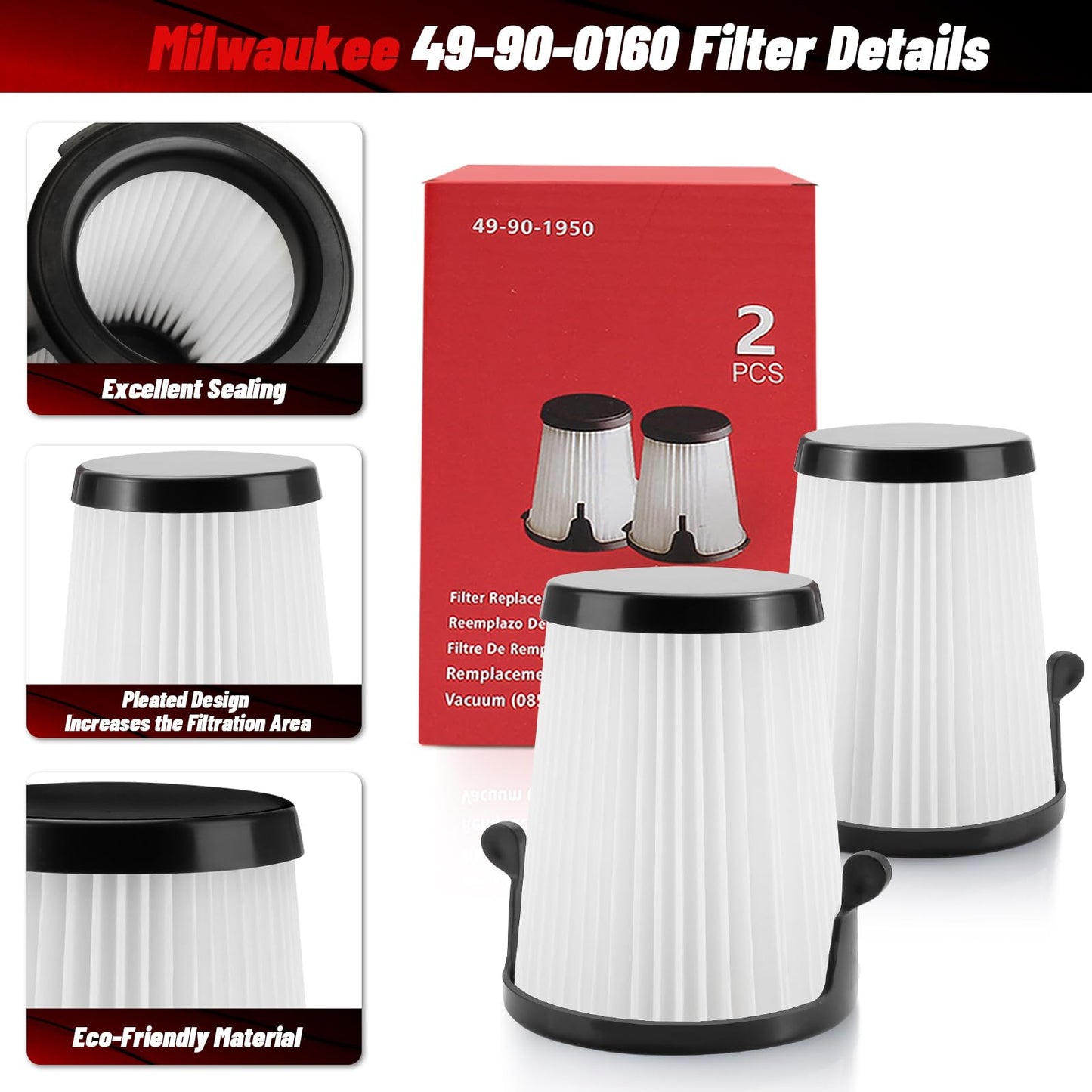 Replacement for Milwaukee 49-90-1950 HEPA Filter M12 0850-20 Compact VAC （2 pack）